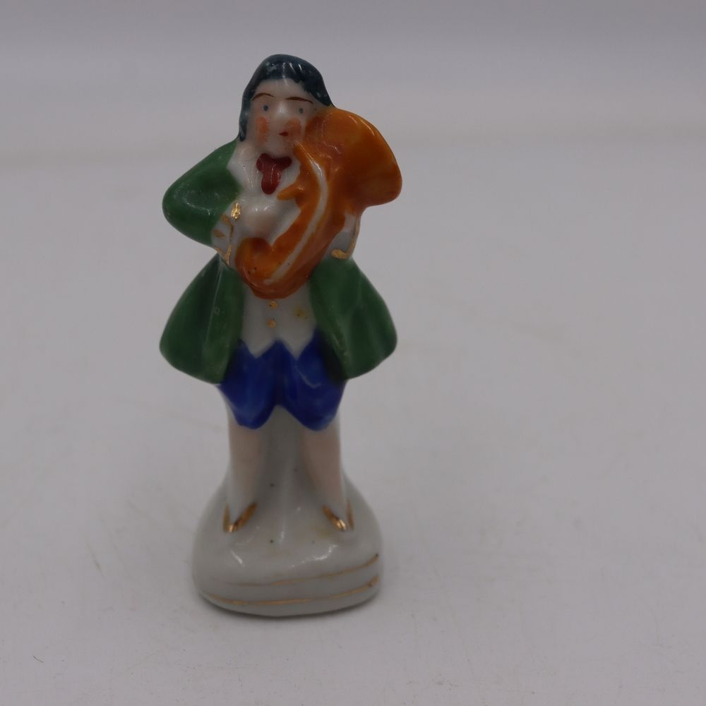 Occupied Japan Mini Boy with Horn Tuba Porcelain Statuette 3” Vintage